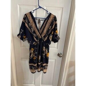 SHEIN Navy Blue Floral Short Sleeve Dress Size L New Without Tags